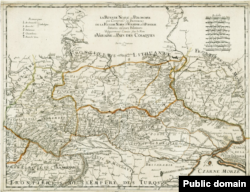 А это другая карта. Создана Никола Сансоном в 1774 году в Париже и издана уже после его смерти. Это первая карта, где обозначение для Украины «Страна казаков» вынесена в картуш (название) карты