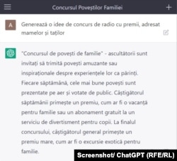 ChatGPT generează la cerere o idee de concurs radio cu premii, adresat părinților.