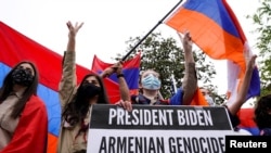 U.S. - Members of the Armenian diaspora rally in front of the Turkish Embassy in Washington after U.S. President Joe Biden recognized that the 1915 massacres of Armenians in the Ottoman Empire constituted genocide, April 24, 2021.