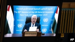 Presidenti i Autoritetit Palestinez, Mahmoud Abbas gjatë adresimit në Asamblenë e Përgjithshme të OKB-së përmes video-lidhjes. 