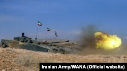 Tanks are seen during an Iranian Army exercise dubbed "Fatehan of Kheibar" in the northwestern parts of Iran, October 1, 2021.