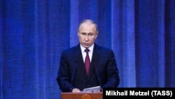 RUSSIA -- Russian President Vladimir Putin delivers a speech during an event dedicated to the 10th anniversary of the enthronement of Patriarch Kirill, head of the Russian Orthodox Church, at the State Kremlin Palace in Moscow, January 31, 2019