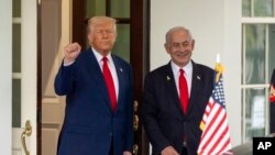 Президент США Дональд Трамп, слева, стоит с премьер-министром Израиля Биньямином Нетаньяху в Белом доме, 7 апреля 2025 года