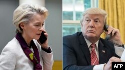Колаж със снимки на председателката на ЕК Урсула фон дер Лайен и президента на САЩ Доналд Тръмп