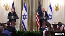 Presidenti amerikan, Donald Trump me kryeministrin izraelit, Benjamin Netanyahu në konferencë për media në Shtëpinë e Bardhë.
